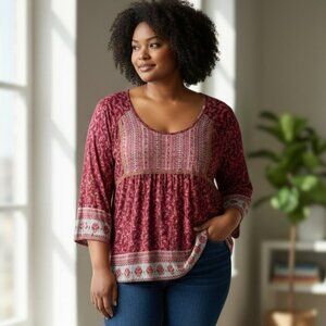 Unity Womens 2X Burgunday Printed 3/4 Sleeve Round Neck Tunic Top Shirt Blouse